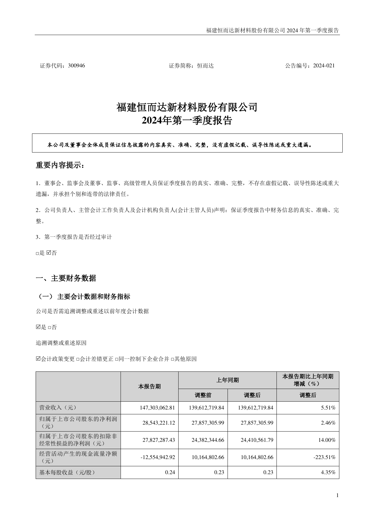 恒而达2024年一季度报告.pdf