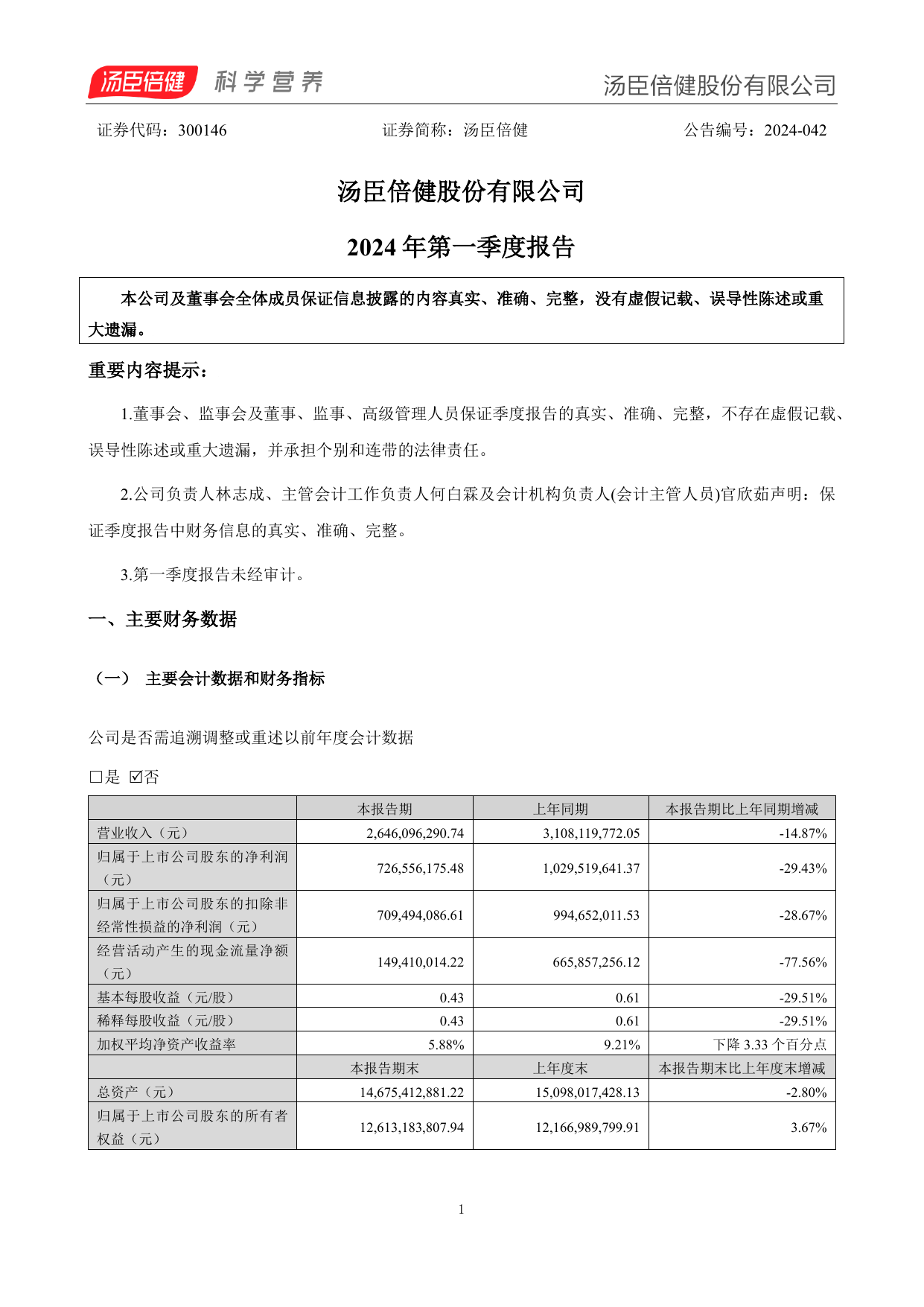 汤臣倍健2024年一季度报告.pdf